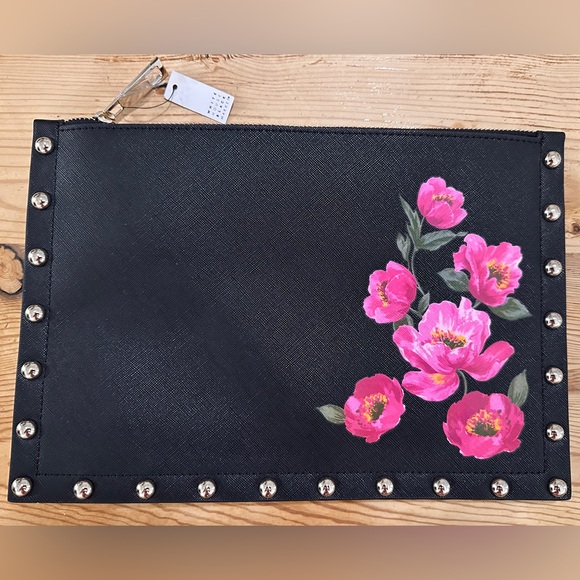 White House Black Market Handbags - White House Black Market Black Clutch with Pink Floral Design